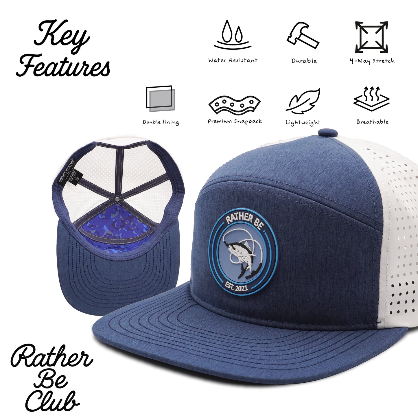 Fishing 6 Panel Hat - Navy & White