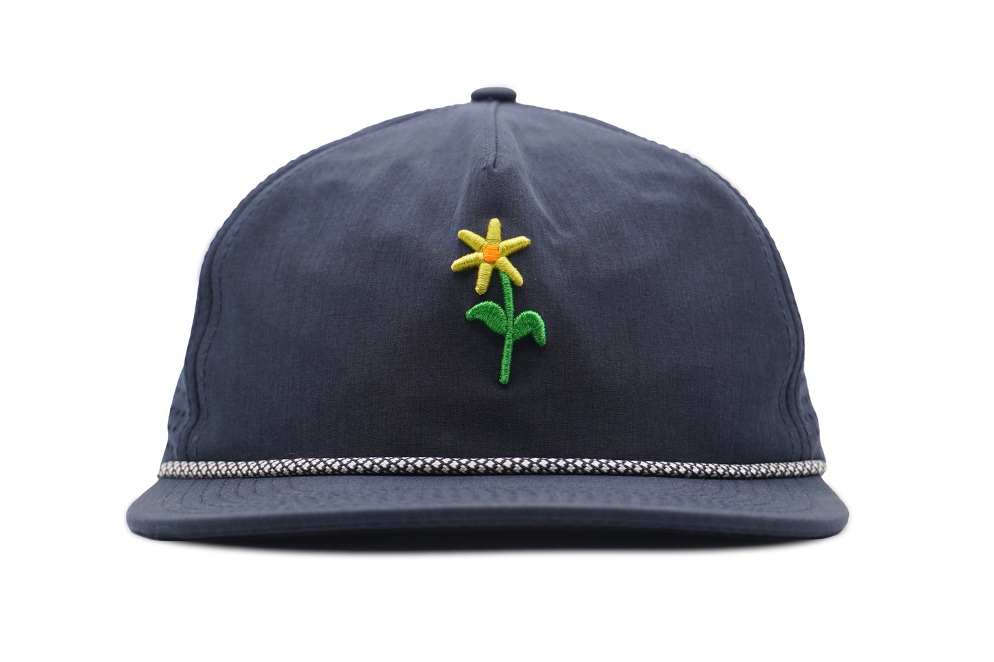 Yellow Flower Unstructured Rope Hat - Navy